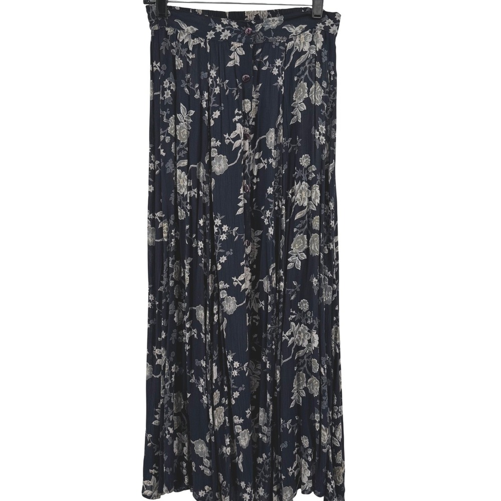 NWT Revue Womens Navy Floral Rayon Button Front Crinkle Maxi Skirt Sz M Boho Vtg